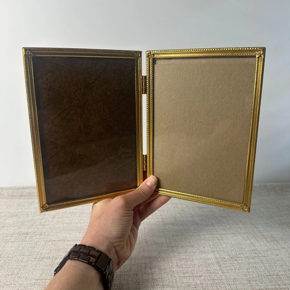 Vintage Brass Double Picture Frame 5x7 | Ornate Hinged Folding Frame